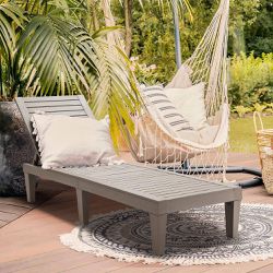 Brand New In Box 3 pcs Vineego Outdoor Chaise Lounge Set of 2 Light Brown Plastic Frame Stationary Beach Chair with Off-white ，Hanging Chair, Hammock 