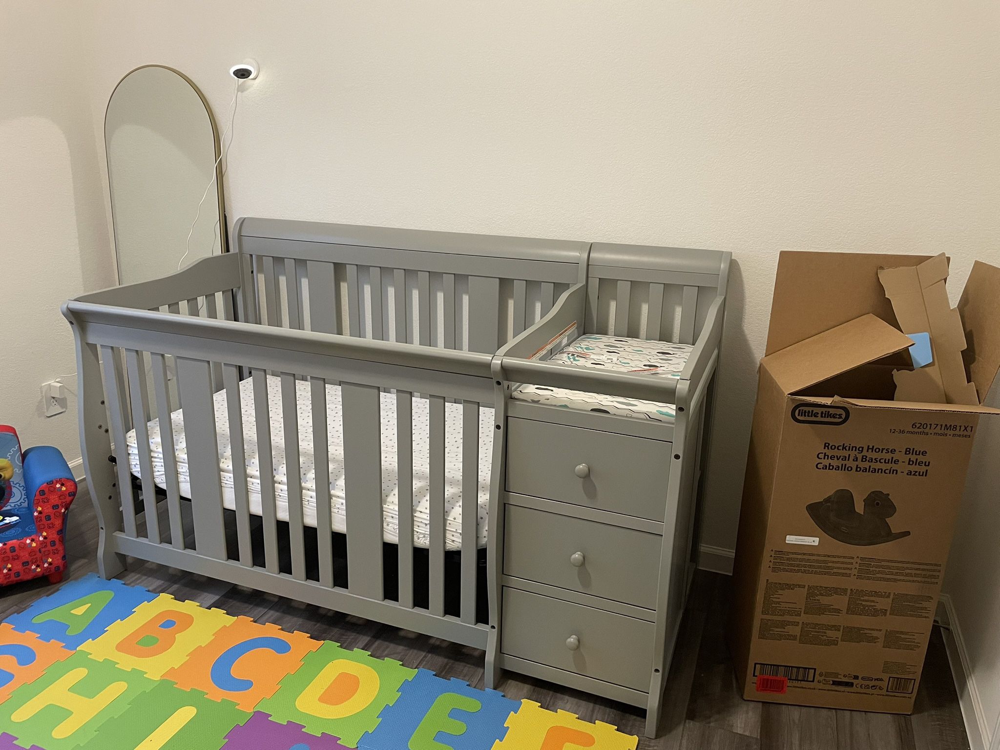 Storkcraft Portofino 5-in-1 Convertible Crib and Changer Combo (Pebble Gray) - Changing-Table with Storage Drawer, Converts to Toddler Full-Size Bed, 