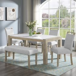 New 6 Piece Dining Set.  Natural Wood Finish.  White Top.  Free Delivery!