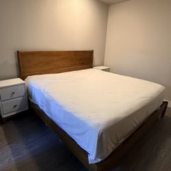 West Elm Mid-Century Bed Frame – Acorn + Free Mattress + 2 Nightstands