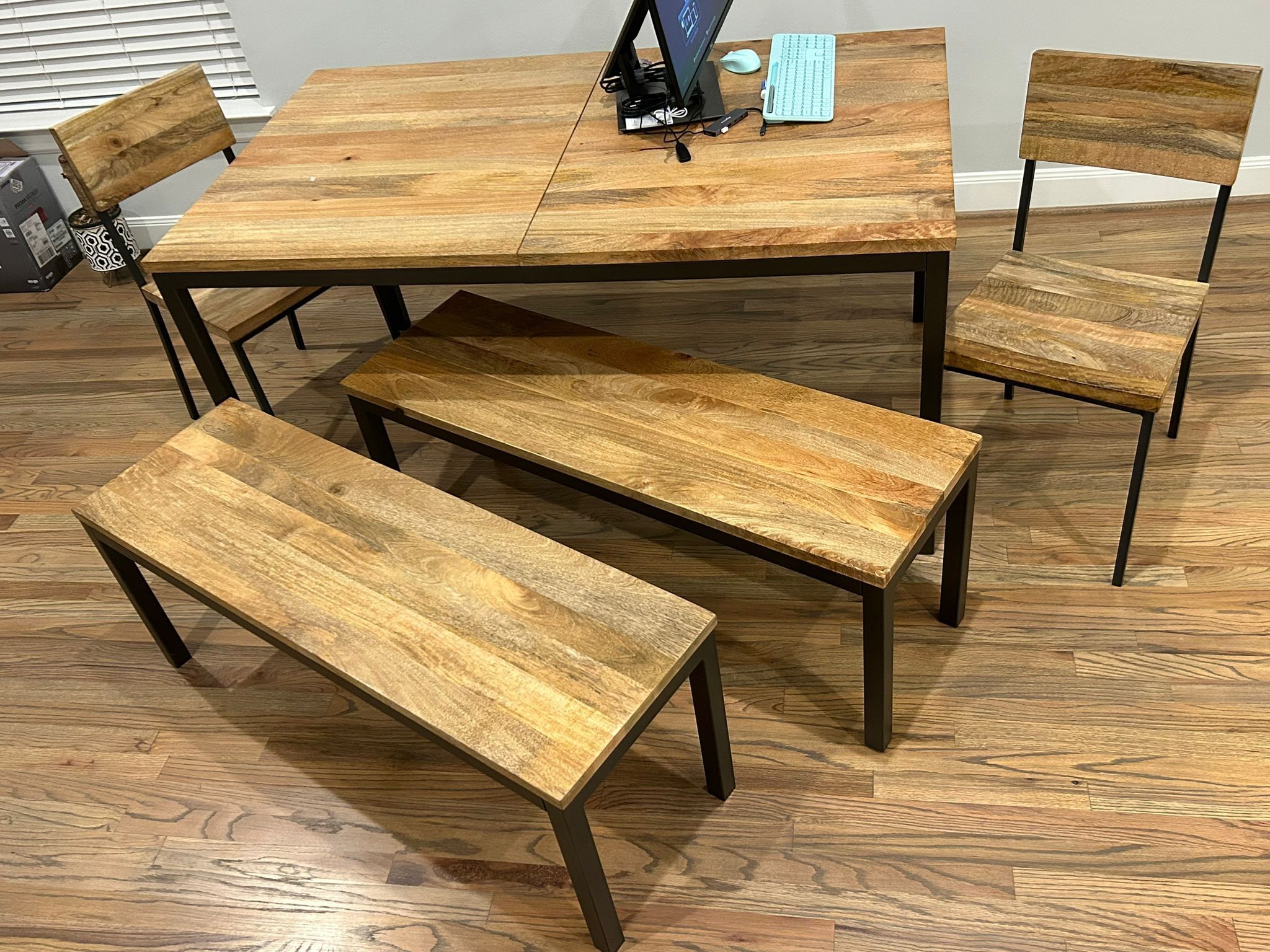 West Elm Box Frame Dining Table With 2 Benches And 2 Chairs