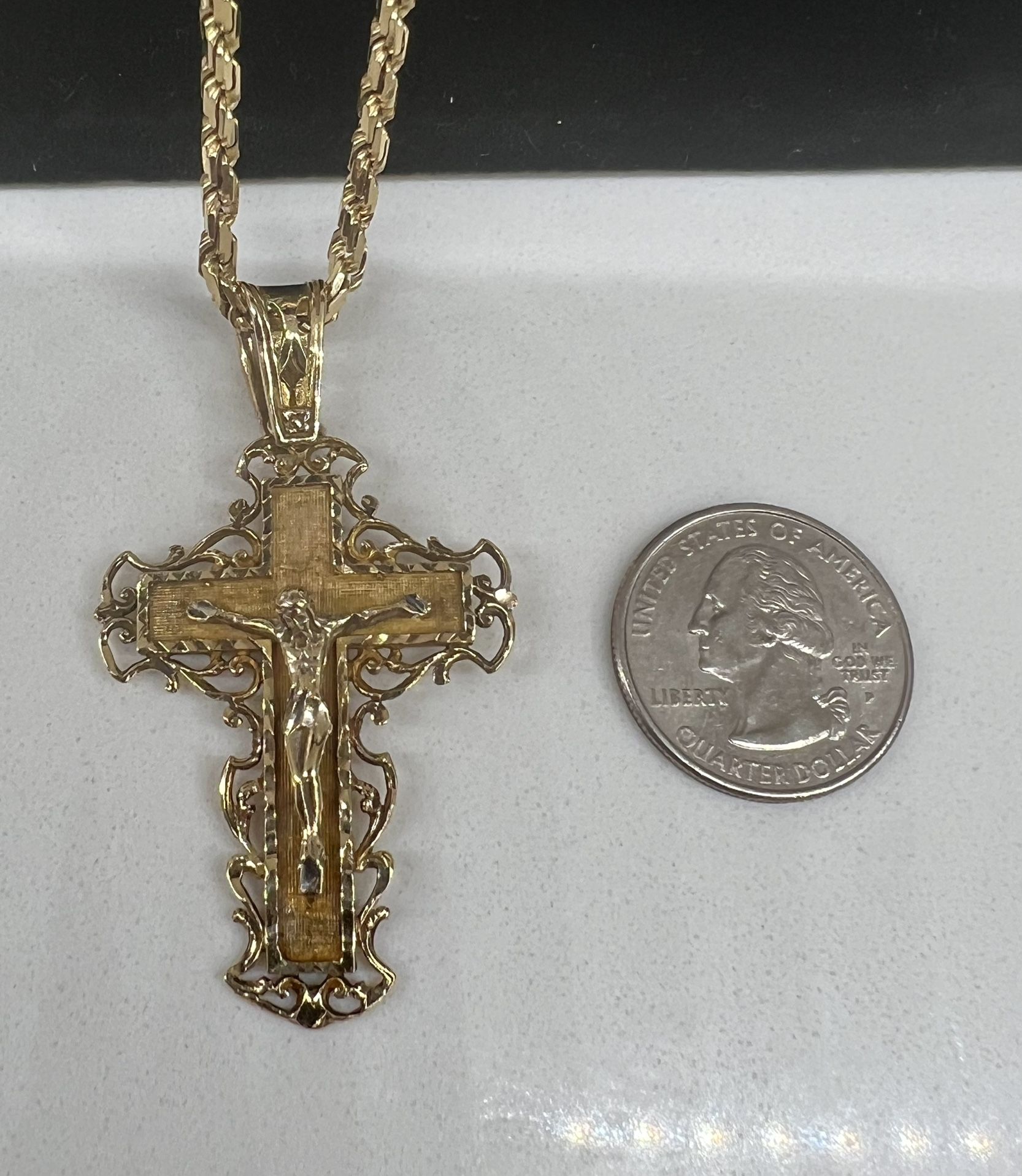 Majestic 14k Yellow Gold Crucifix Pendant With Large 20 1/2”  Solid Rope Chain“MUST SEE”