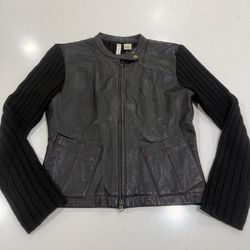 Twiggy Black Leather Wool Bomber Biker Jacket Medium Red Stitching Vintage