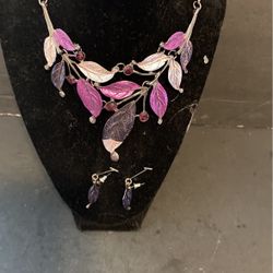 Purple and silver necklace and earring set
