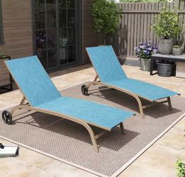 All-Weather Aluminum Metal Outdoor Chaise Lounge Chairs in Blue with Wheels and 6-Adjustable Backrest (Set of 2)