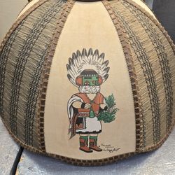 Vintage 1970's Kachina Rattan Swag Lamp White Globe Fixture 