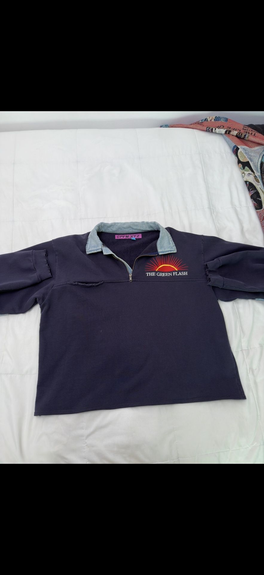 Navy Blue Cactus Plant Flea Market “Green Flash” Denim Half Zip Fleece XL