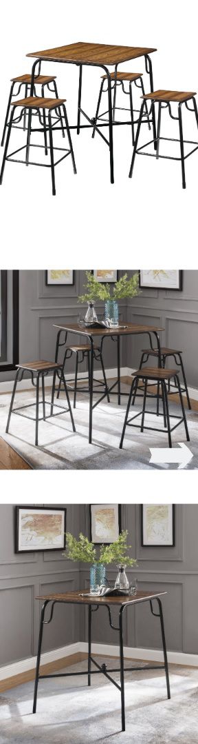 NEW ( 5 Piece ) Counter Height Dining Table Set + 4 Chairs - Metal Wood Grain Kitchen Top Barstool Seats High Bar Stool Dinner Room Bench Walnut -READ