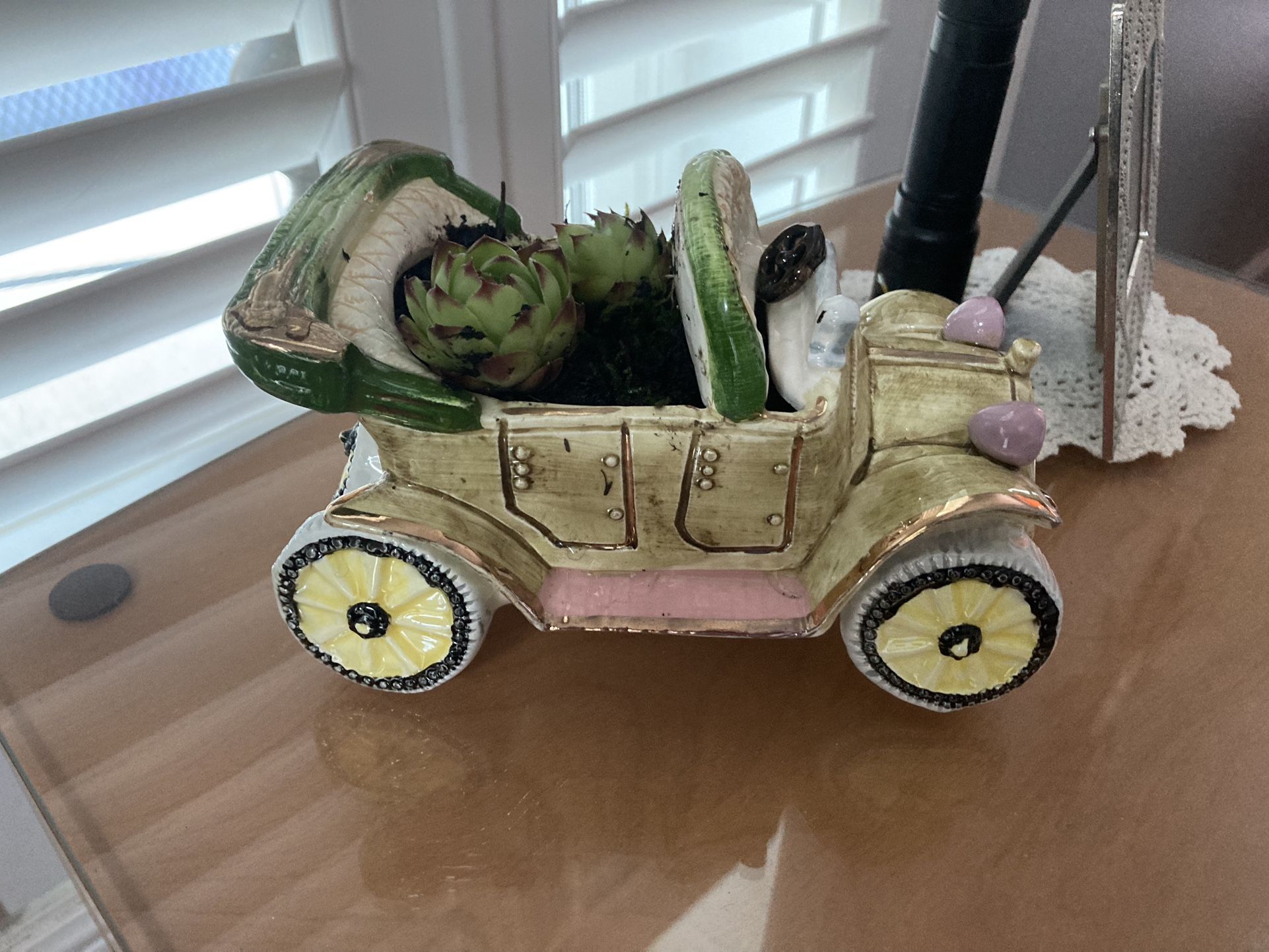 Perfect Succulent Planter- Ceramic Car Relpo planter YS1080 car jalopy ceramic tan, pink, green, gold