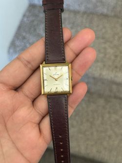 Enicar vintage Square manual winding  Gold Tone Watch with Brown leather strap