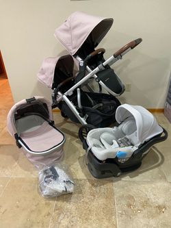 Pink Uppababy Vista V2 Double Stroller With Car Seat And Bassinet