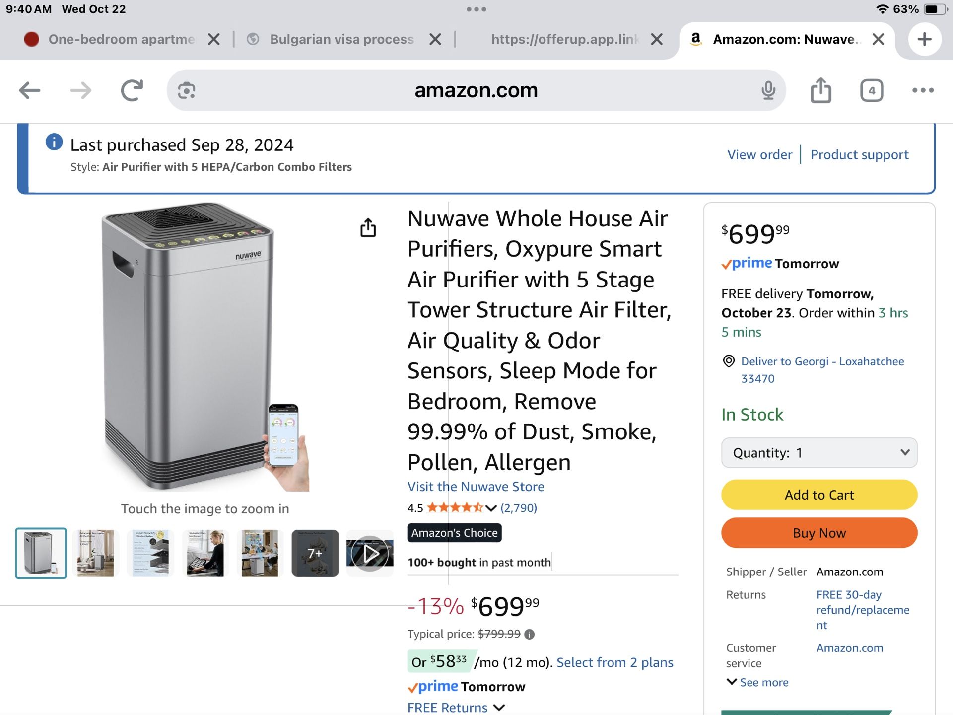 Nuwave Whole House Air Purifiers, Oxypure Smart Air Purifier with 5 Stage Tower Structure Air Filter, Air Quality & Odor Sensors, Sleep Mode for Bedro