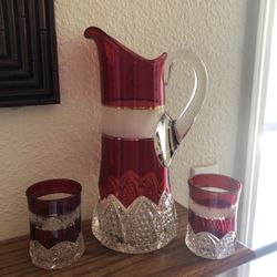 Vintage ruby Glass Pitcher With 2 Glasses 