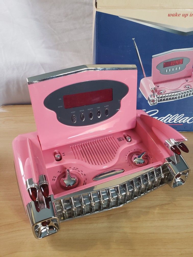 Vintage Pink Cadillac Radio Alarm Clock, NEW in box