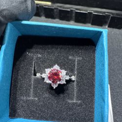 GRA Certified 1ct Garnet Moissanite flower ring 925 sterling silver size 7