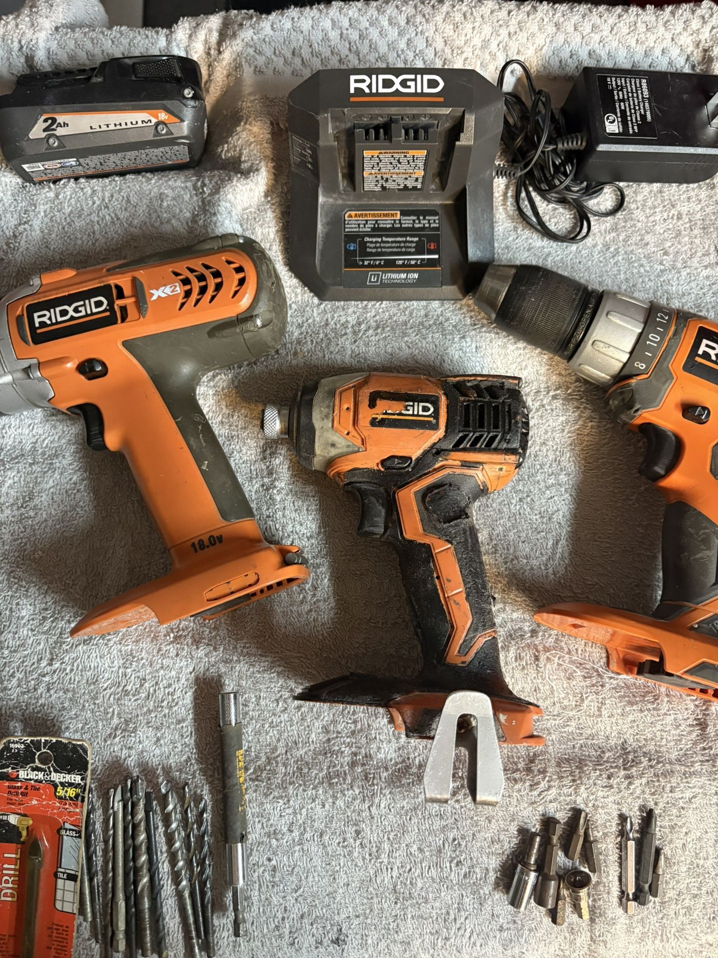 Ridgid 18V Drill Bundle—1/4” Hex Impact, 1/2” Dr Driver, 1/2” Hammer Drill, Battery & Charger, Bits/Tips