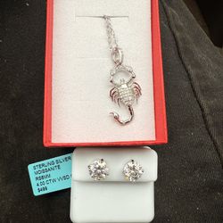 VVS1 Diamond Scorpio Pendant and 8MM Studs Set in Solid 925 Sterling Silver