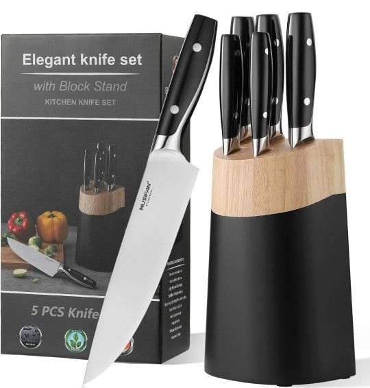 6-Piece Knife Block Sets,Stainless Steel Kitchen Knife Set with Block – High Carbon Black Knives, Dishwasher Safe,Holiday Gift
