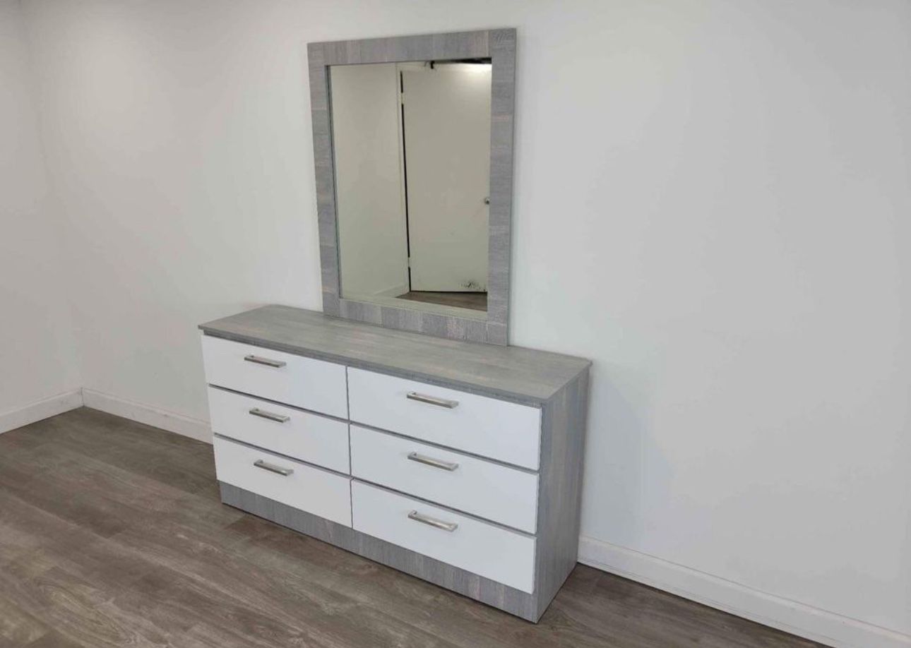 Grey And White Dresser With Mirror 