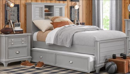 Twin Storage Bed with Bookcase Headboard, Trundle & Nightstand – Gray