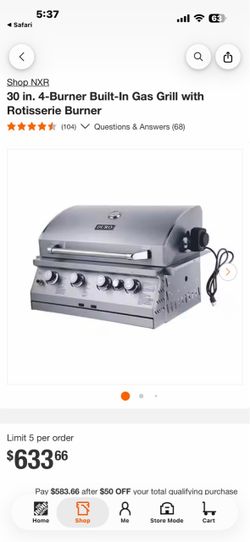 Shop NXR 30 in. 4-Burner Built-In Gas Grill with Rotisserie Burner