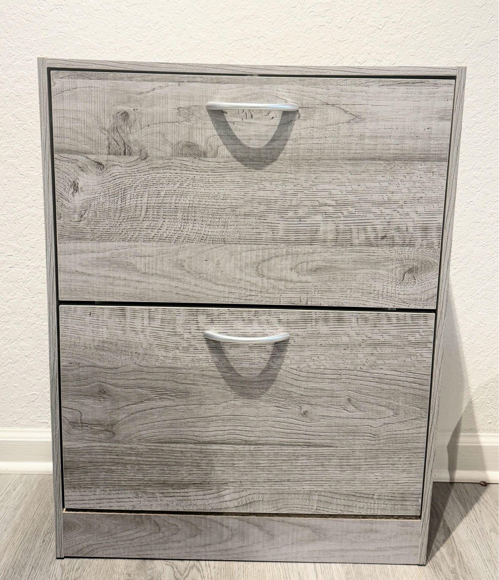 Grey Wood Grain 2-Tier Tilting Shoe Cabinet