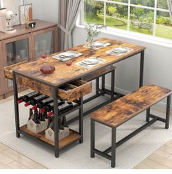 Rustic Dining Table Set with 2 Benches, Drawers & Wine Rack — $100