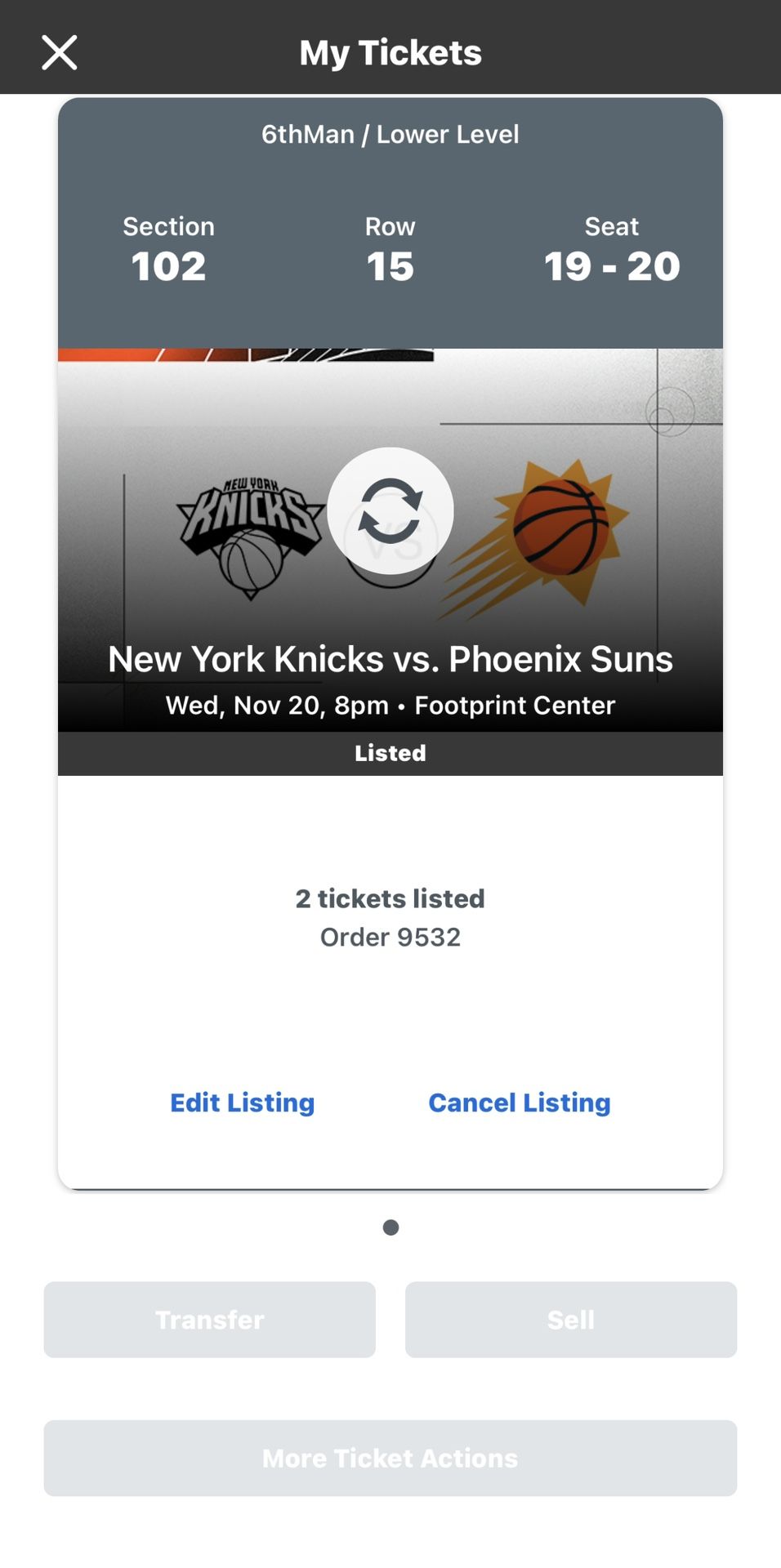 New York Knicks Vs Phoenix Suns Lower Level Center Court Tickets