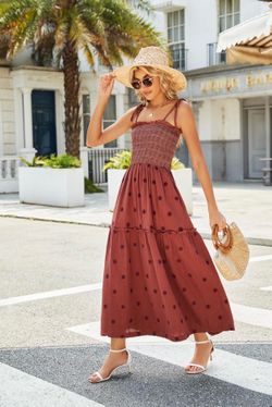 ABYOVRT Women Floral Embroidered Maxi Dress Sleeveless Tie Shoulder Smocked Flowy Dress Boho Summer Sundresses with Pockets(small 2-4)