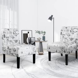 Modern Fabric Armless Accent Chair Set of 2 Decorative Slipper Chair Vanity Chair for Bedroom Desk, Corner Side Chair Living Room Furniture Map Design