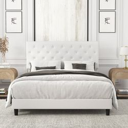 Queen Size Upholstered LED Bed Frame with Storage Drawer, Leather Princess Platform Bed with Adjustable Crystal Button Tufted Crown Headboard, Solid W