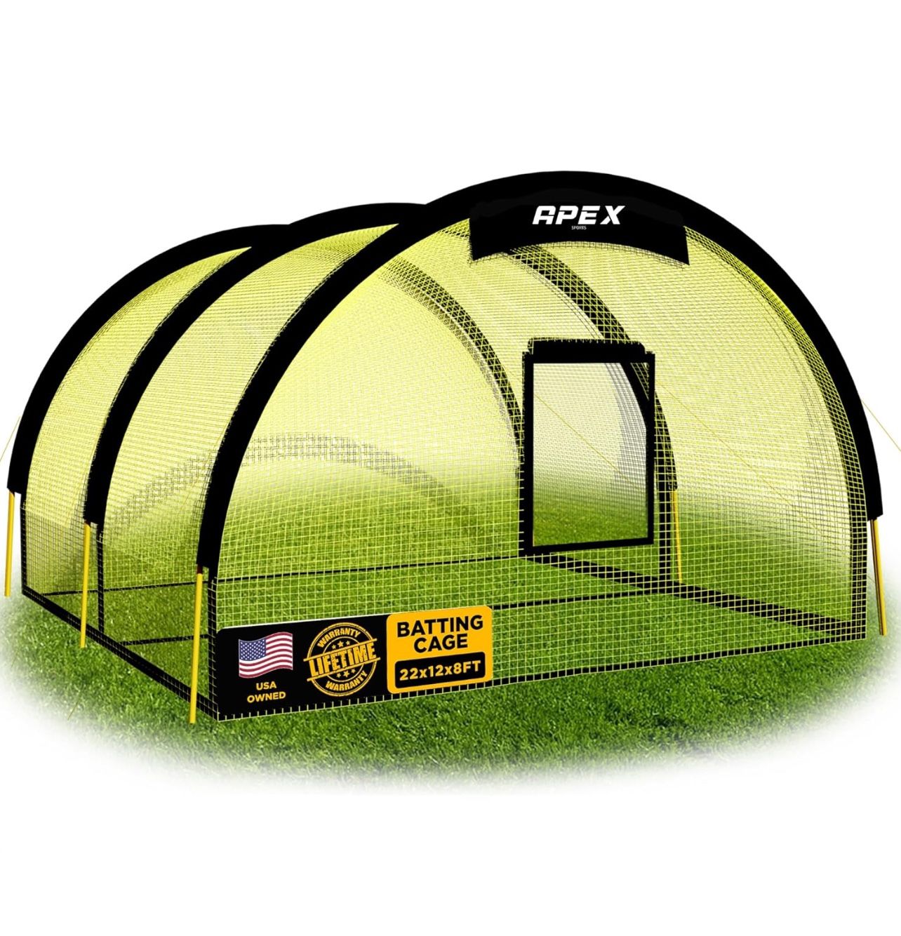 Portable 22ft x 12ft x 8ft Baseball & Softball Batting Cage with Pitching Machine Hole, 3ply 1.25'' Yellow Netting, Secure Steel Poles, 12.7MM Fibregl