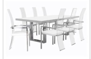 White Rectangular Table, TV Stand and Dining Buffet Set. Bonus: free 8 grey velvet chairs.