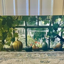 Fall Pumpkins Window  Scene Oil On Canvas 
