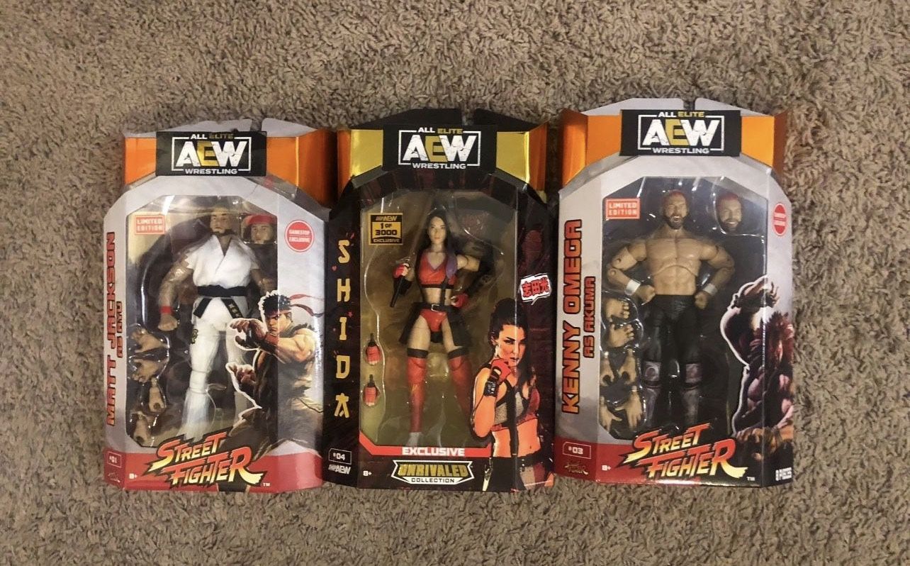 AEW Unrivaled Figures Limited Edition Matt Jackson Kenny Omega Street Fighter And Hikaru Shida