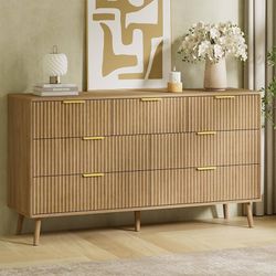 55" W Fluted Dresser for Bedroom with 7 Drawer, Modern Chest of Drawers with Metal Handle and Curved Profile Design, Wood Dresser TV Stand & Storage O