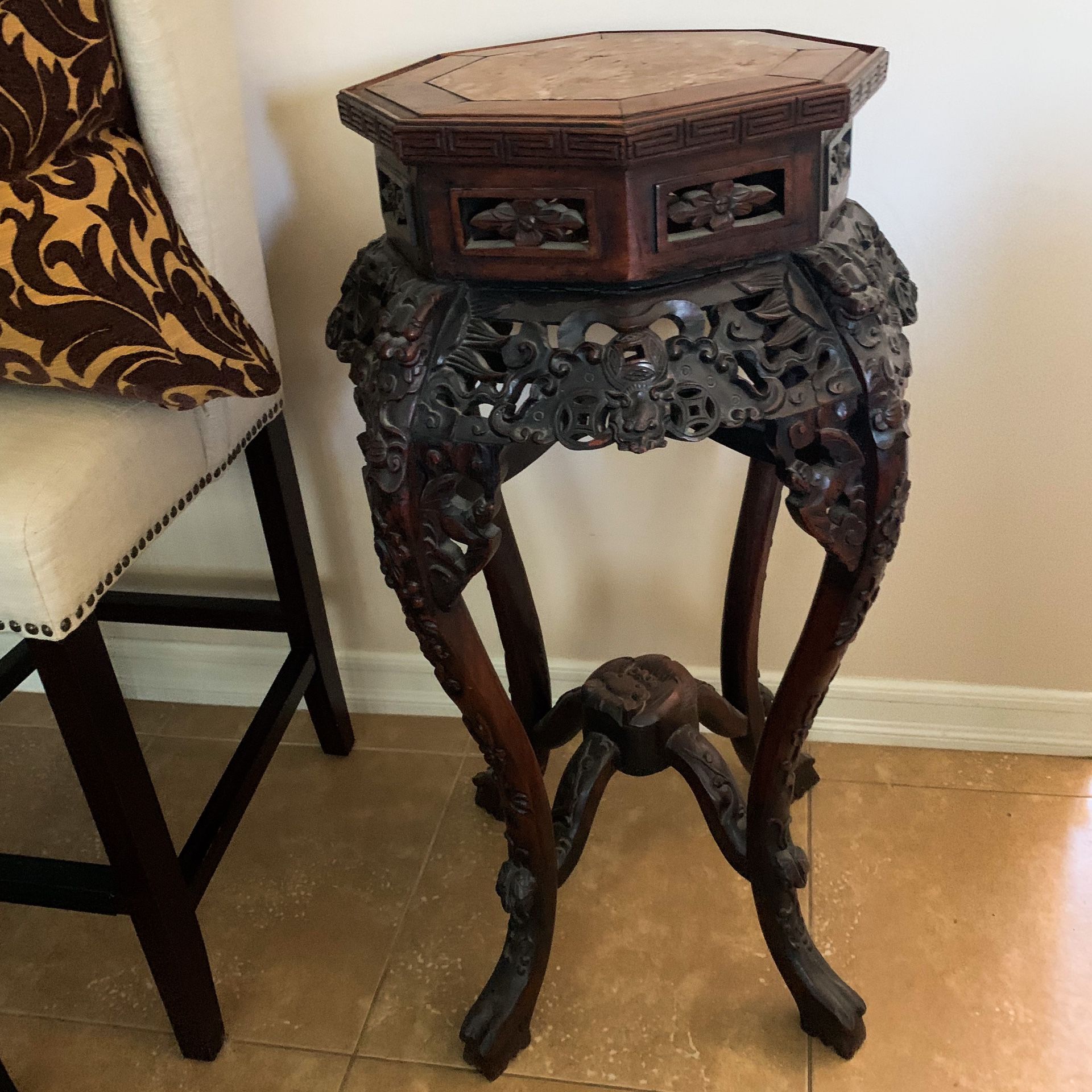 Antique Chinese Hand Carved Wood Pedestal Stand Table