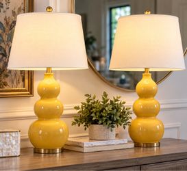 Matching Pair of Vintage Yellow Triple-Gourd Ceramic Table Lamps