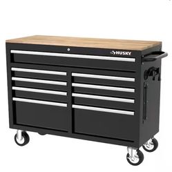 Husky Tool Storage 46 in. W x 18 in. D 9-Drawer Mobile Workbench Cabinet in Gloss Black 