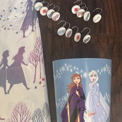 FROZEN Bathroom Set Shower Curtain+ Hook set + Trash Can Wastebasket Multicolored Disney