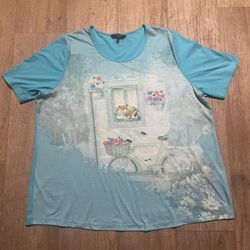 Ulla Popken Plus Size Blue Bicycle Window Graphic Tee Shirt
