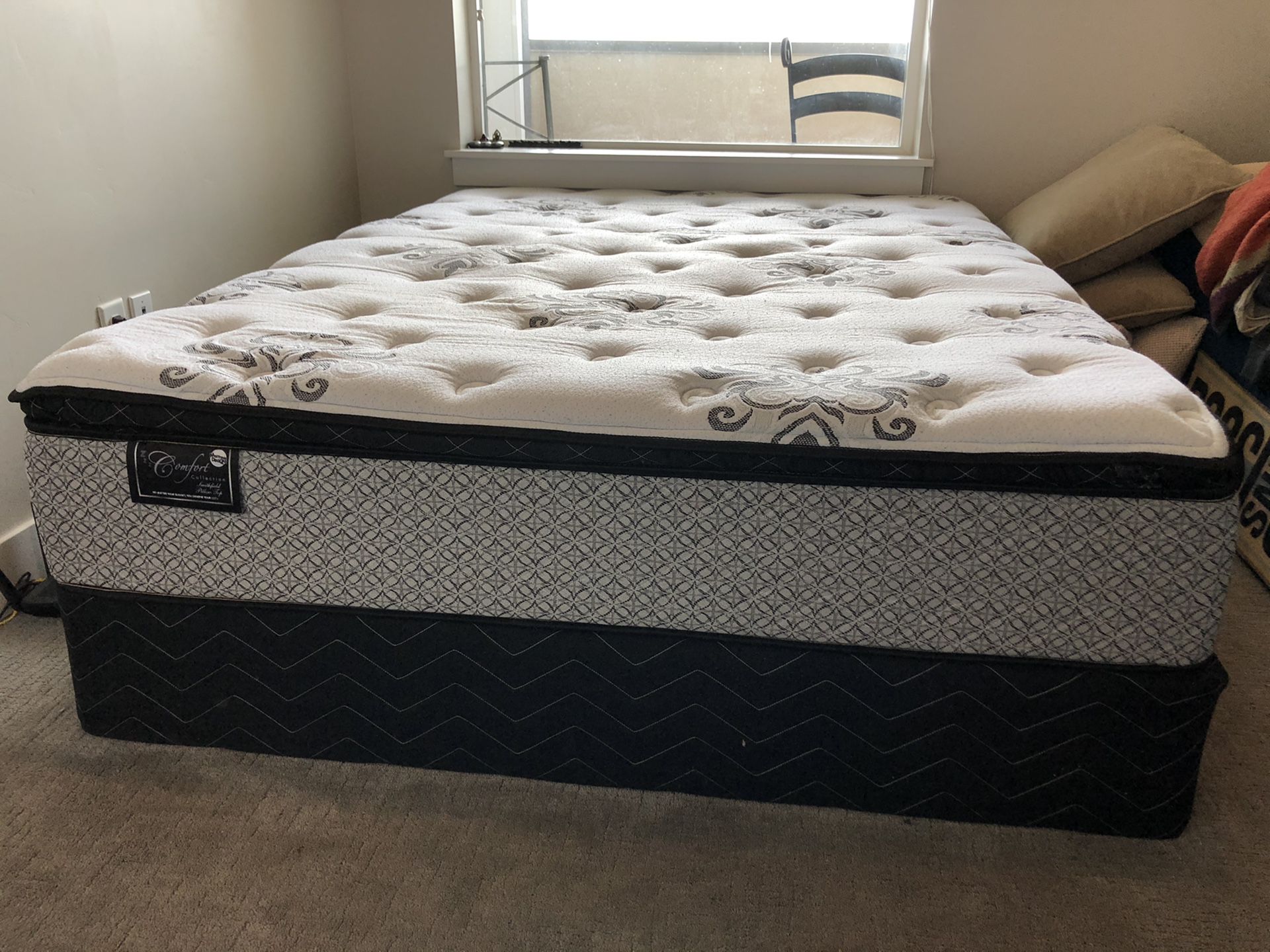 Bed mattress box spring two copper infused Serta pillows and one Tempur-pedic pillow that retails for $170