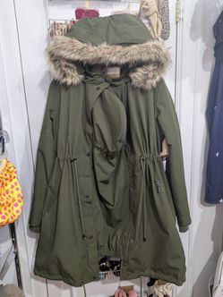 Seraphine Maternity or Baby Infant wearing 2-in-1 size 12 winter faux fur lined olive green long coat womens