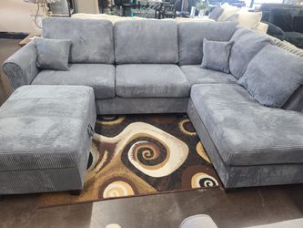 Light Gray Corduroy Sectional with Storage Ottoman