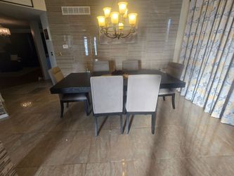 Dark Wood Dining Table with 6 Upholstered Chairs