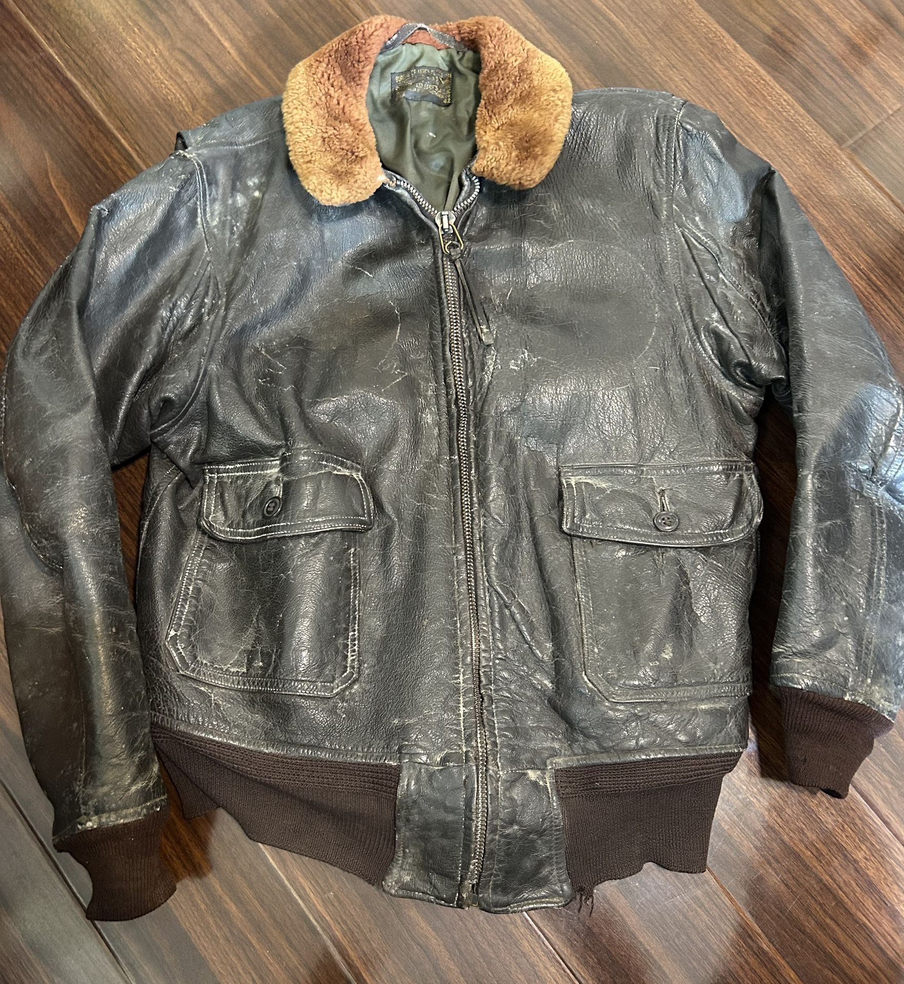 MENS VINTAGE USN G-1 Flight Jacket BROWN LEATHER FOSTER MIL-J-7823 (AER) SIZE 42