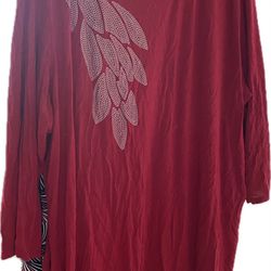Cozy Red Long sleeve Tunic Blouse With Sequence Leaf Detail Cascading Down The Right Side