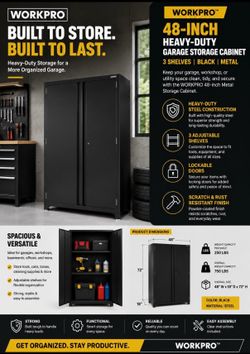 WORKPRO™ 48-INCH HEAVY-DUTY GARAGE STORAGE CABINET 3 SHELVES | BLACK | METAL