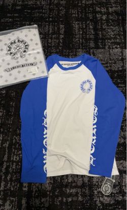 blue and white chrome heart sleeve shirt