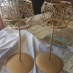 antique Candle Holders Set Of Two Metal Painted Gold
